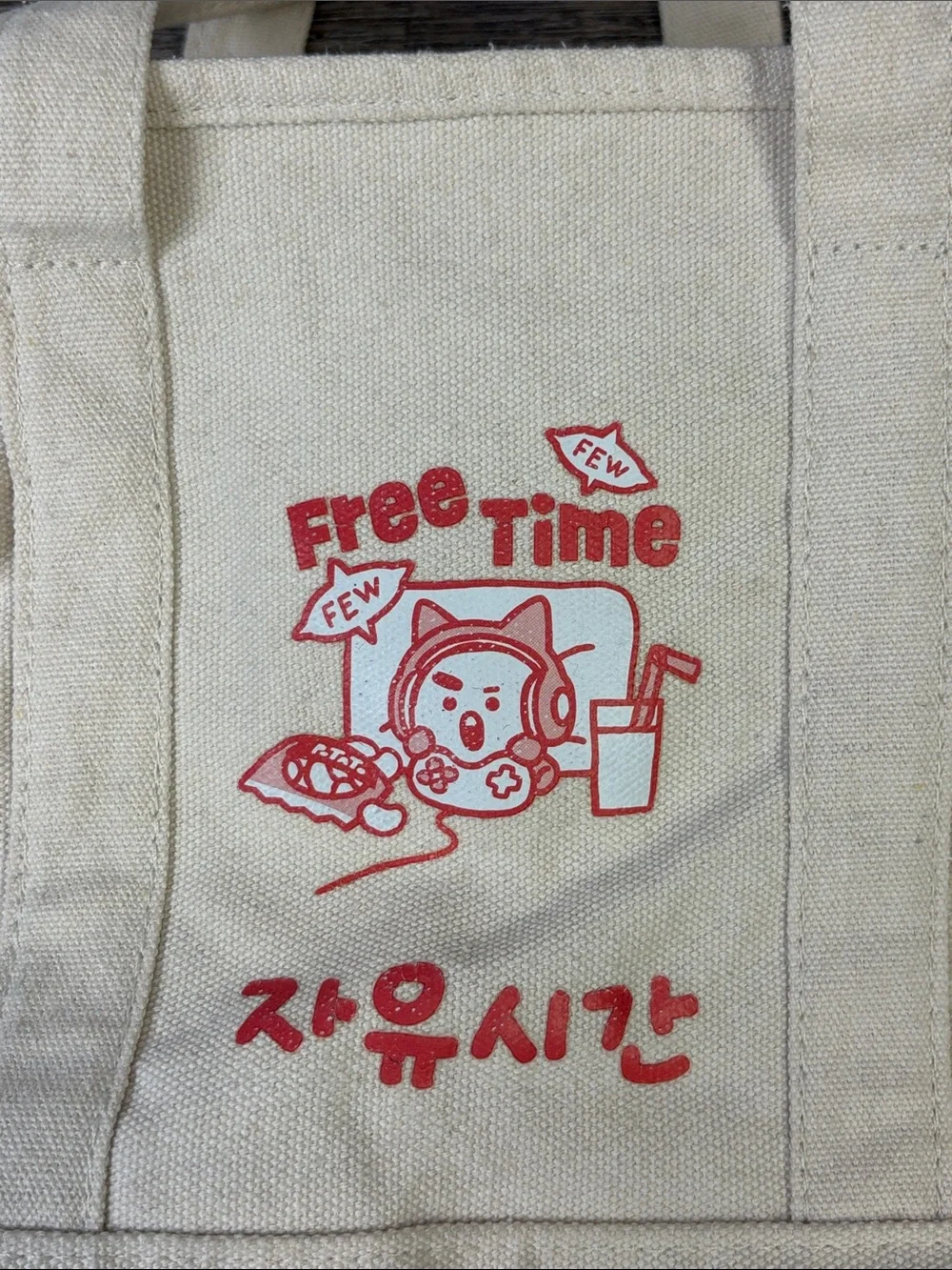 BT21 Free Time Korean Graphic Canvas Zip Tote Bag Cream Red Kawaii